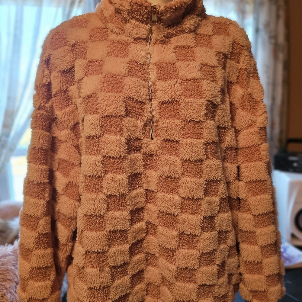 Cozy Pink Fuzzy Checkered Women's Sweater